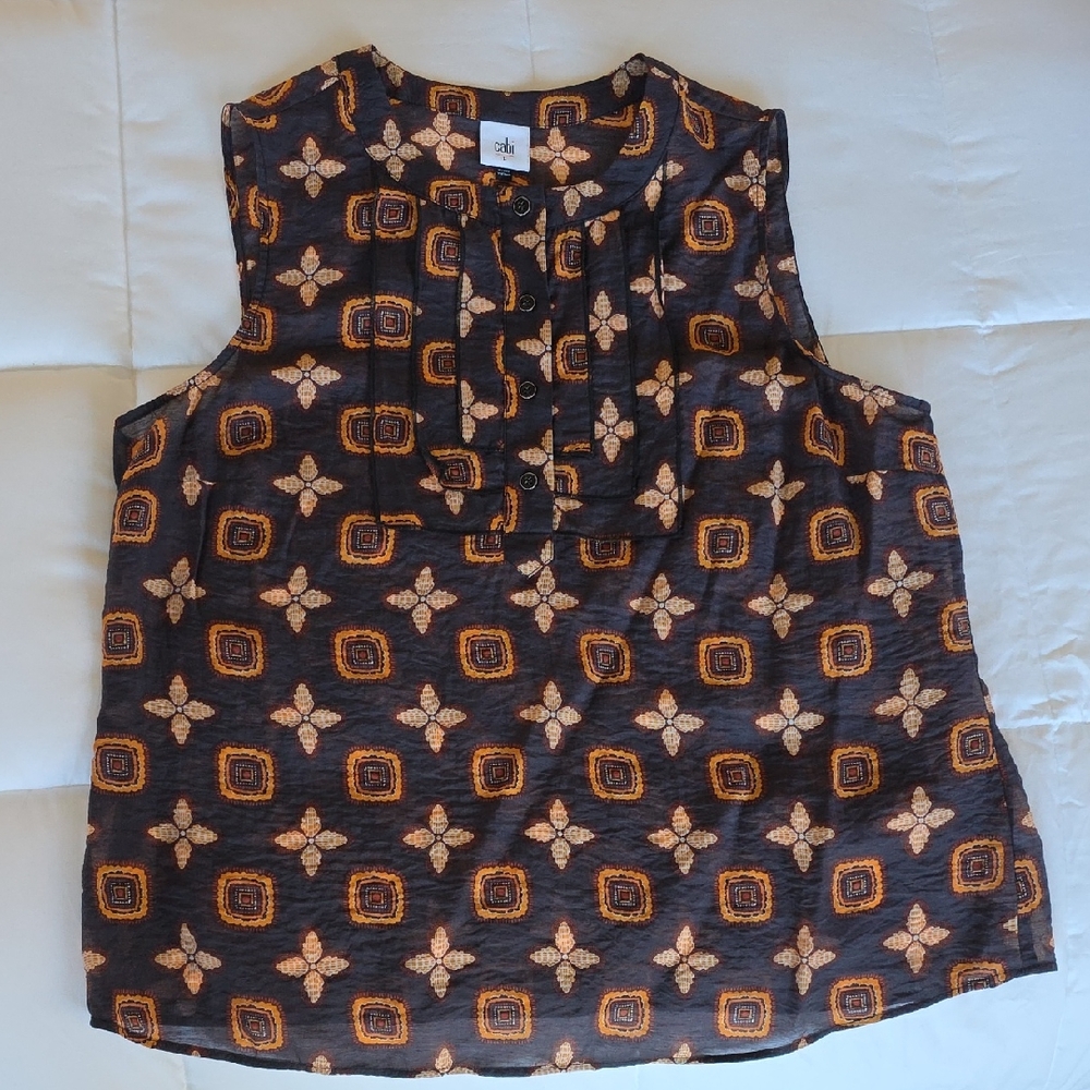 Cabi Women's Sleeveless Top - Deep Navy and Gold Pattern